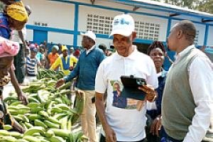 Projet post récolte, commercialisation et renforcement des capacités des ménages réunis en OP au Sud Ubangi dans les territoires de Gemena et  Libenge – Inspecteur de IPAGRI visite les produits exposés à la foire de Bodigina.